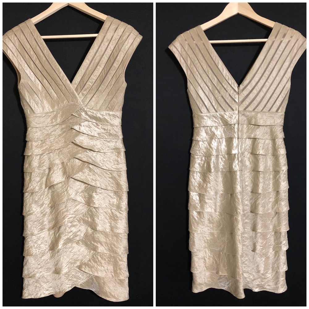 Cache Gold Tiered V-Neck Cocktail Dress